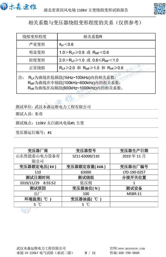 湖北黃崗風電110kV主變繞組變形試驗報告p8